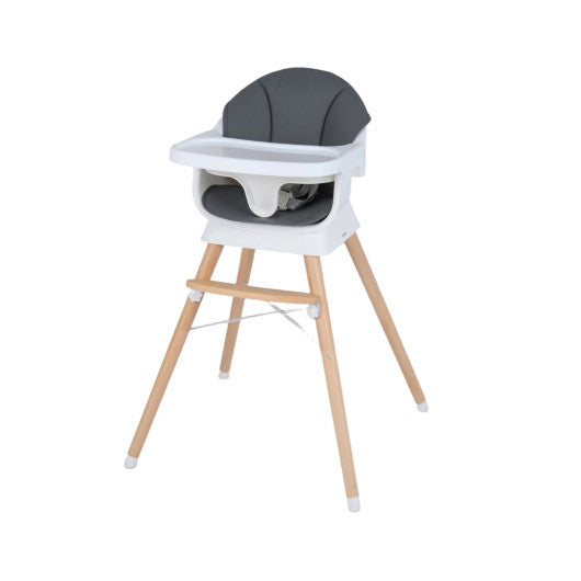 Convertible High Chair for Babies and Toddlers Solid Wood Baby Feeding Chair with 3-Position Adjustable Tray-Gray