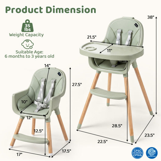 Convertible High Chair with 5-Point Harness for Babies and Toddlers-Green