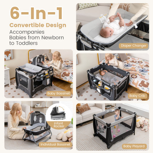 4-in-1 Convertible Portable Baby Play Yard with Toys and Music Player-Gray