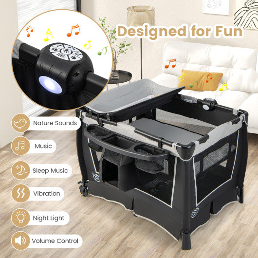 4-in-1 Convertible Portable Baby Play Yard with Toys and Music Player-Gray
