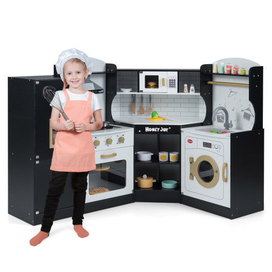 Corner Kids Play Kitchen with Washing Machine and Ice Maker Gift for Boys Girls-Black