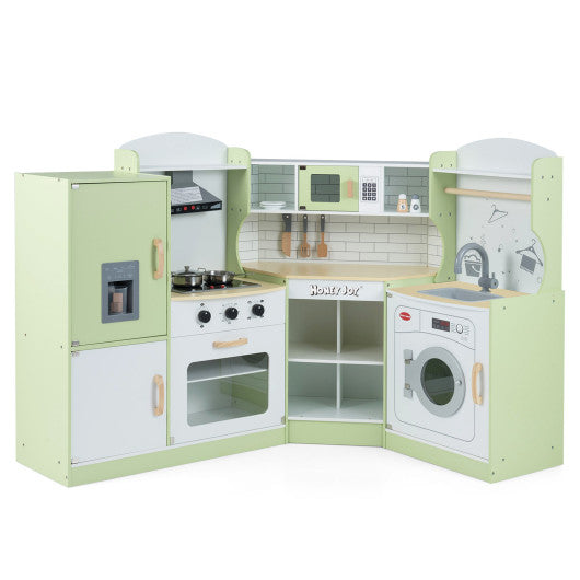 Corner Kids Play Kitchen with Washing Machine and Ice Maker Gift for Boys Girls-Green
