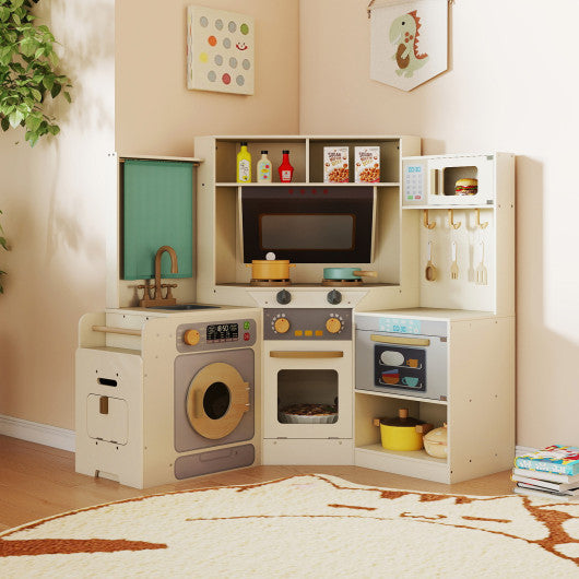 Corner Kitchen Toys with Lights and Sounds with Pull-out Trash Can and Stoves-Off White