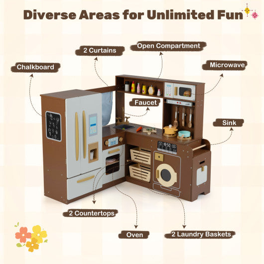 Corner Play Kitchen with Lights and Sounds for Ages 3+-Brown