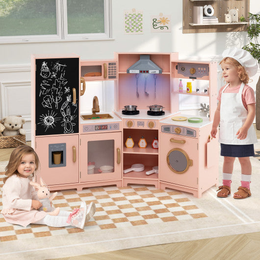 Corner Wooden Play Kitchen with Lights and Sounds Large Pretend Play Kitchen Set-Pink