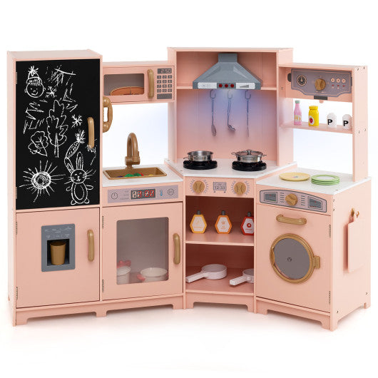 Corner Wooden Play Kitchen with Lights and Sounds Large Pretend Play Kitchen Set-Pink