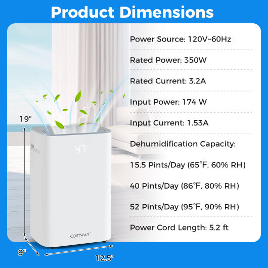 Dehumidifier with Auto Drain or Manual Drainage for Home Basement-White
