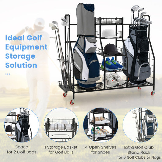 Double Golf Bag Rack with Removable Golf Club Stand and Wheels-Black