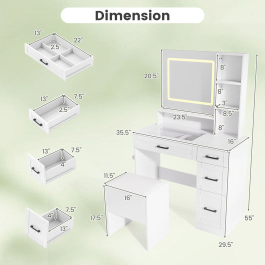 Dressing Desk with 3 Color Lighting and Hair Dryer Stand-White
