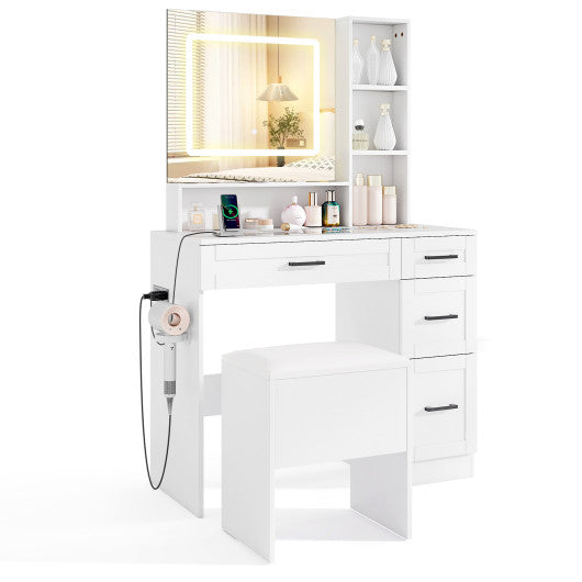 Dressing Desk with 3 Color Lighting and Hair Dryer Stand-White