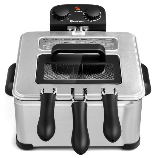 Electric Deep Fryer 5.3QT/21-Cup Stainless Steel 1700W with Triple Basket-Silver