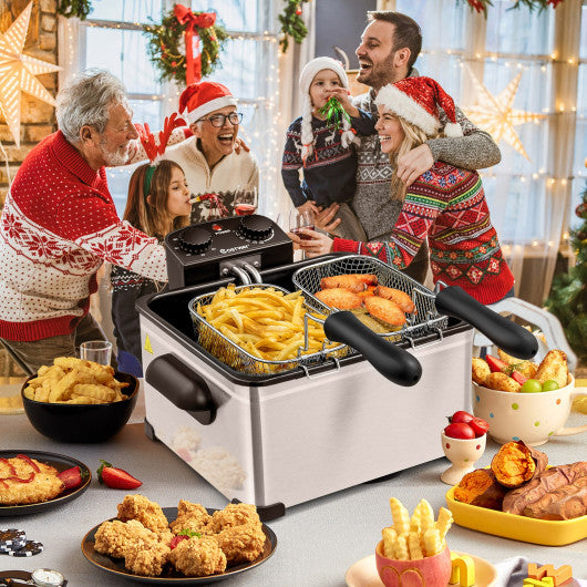 Electric Deep Fryer 5.3QT/21-Cup Stainless Steel 1700W with Triple Basket-Silver