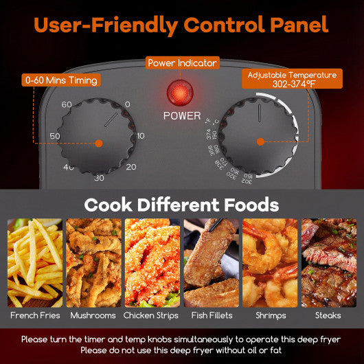 Electric Deep Fryer 5.3QT/21-Cup Stainless Steel 1700W with Triple Basket-Black