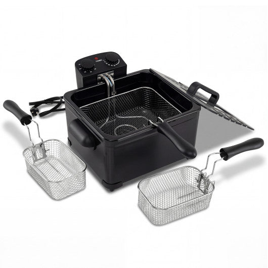 Electric Deep Fryer 5.3QT/21-Cup Stainless Steel 1700W with Triple Basket-Black