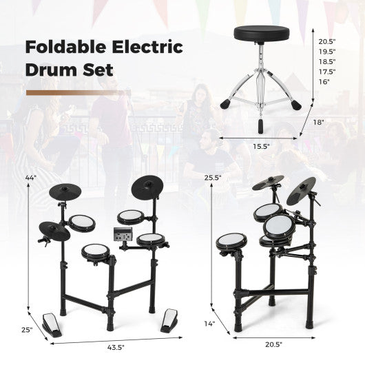 Electric Drum Set Foldable Drum Kit with 10 Demos and USB MIDI and 2 Drumsticks
