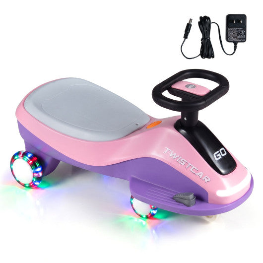 Electric Wiggle Car for Kids Age 3+ Years Old with Flashing Wheels and Front Light-Pink + Purple