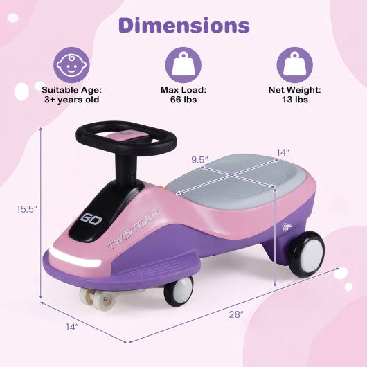 Electric Wiggle Car for Kids Age 3+ Years Old with Flashing Wheels and Front Light-Pink + Purple