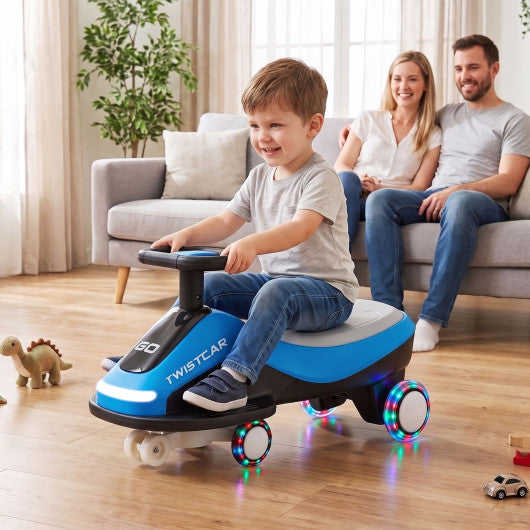 Electric Wiggle Car for Kids Age 3+ Years Old with Flashing Wheels and Front Light-Black + Blue
