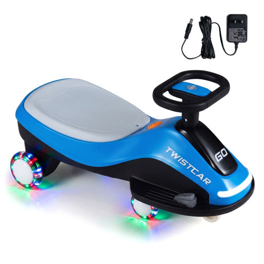Electric Wiggle Car for Kids Age 3+ Years Old with Flashing Wheels and Front Light-Black + Blue