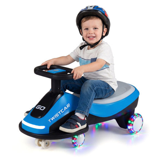 Electric Wiggle Car for Kids Age 3+ Years Old with Flashing Wheels and Front Light-Black + Blue