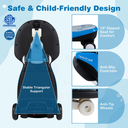 Electric Wiggle Car for Kids Age 3+ Years Old with Flashing Wheels and Front Light-Black + Blue