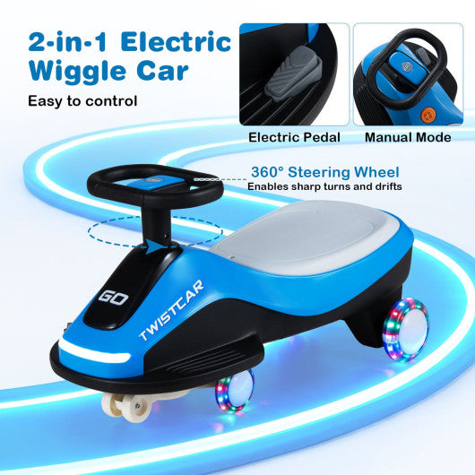 Electric Wiggle Car for Kids Age 3+ Years Old with Flashing Wheels and Front Light-Black + Blue