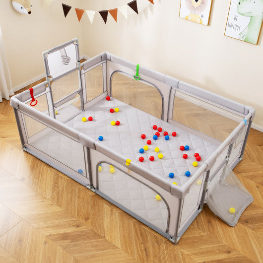 Extra Large Playpen with Basketball Hoop for Babies and Toddlers-Light Gray