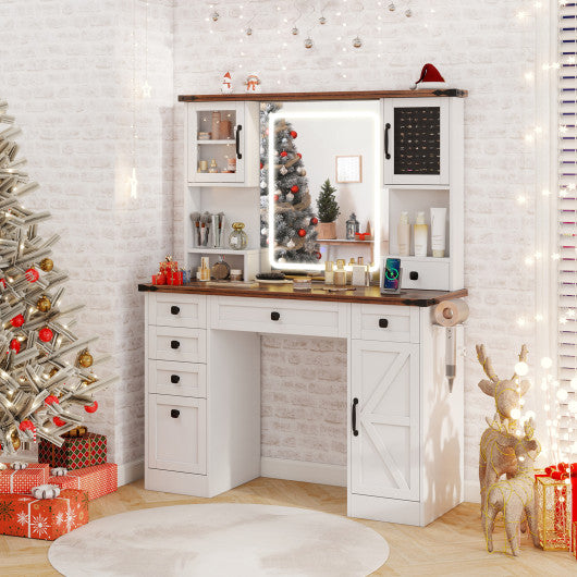 Farmhouse Vanity Desk with Lighted Mirror and 3 Doors-White