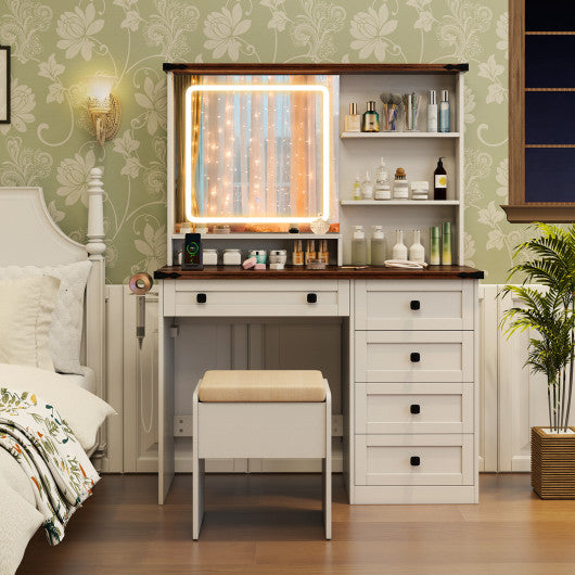 Farmhouse Vanity Set with Mirror and 3-Color Lighting-White