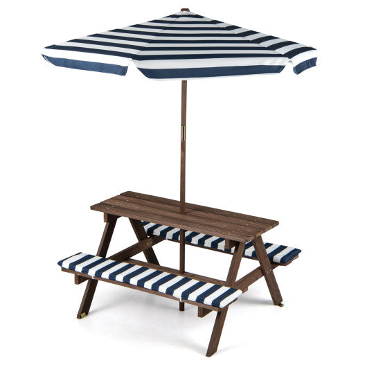 Fir Wood Kids Picnic Table with 2 Built-in Benches and Umbrella-Navy