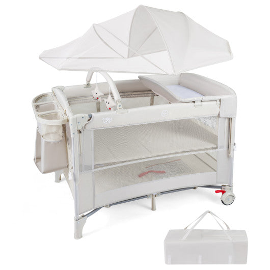 Foldable Baby Bassinet with 4 Adjustable Heights Changing Table and Mattress-Beige