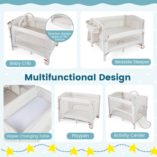 Foldable Baby Bassinet with 4 Adjustable Heights Changing Table and Mattress-Beige
