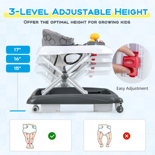Foldable Baby Walker with 3 Adjustable Heights and Padded Seat-Gray
