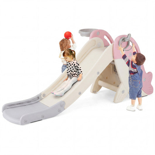 Foldable Freestanding Baby Slide Climber Playset with Basketball Hoop for Kids-Pink