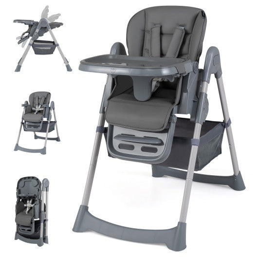 Foldable High Chair with 7-Level Height Adjustment for Babies and Toddlers-Gray
