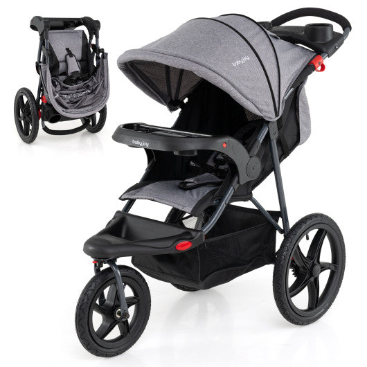 Foldable Jogging Stroller with Detachable Tray and Air-Filled Rubber Tires-Gray
