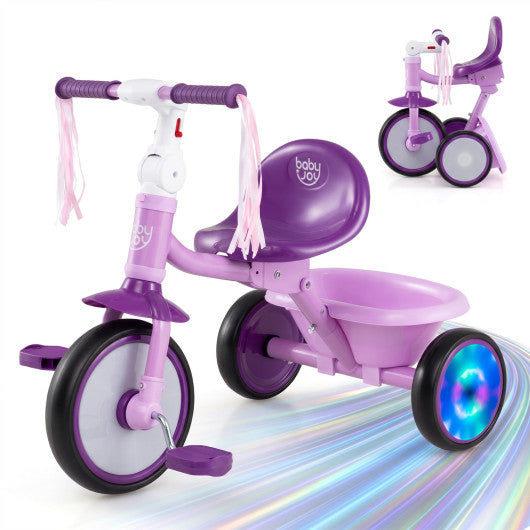 Foldable Toddler Tricycle with Lighting Wheels and Basket for 2-5 Year Old-Purple