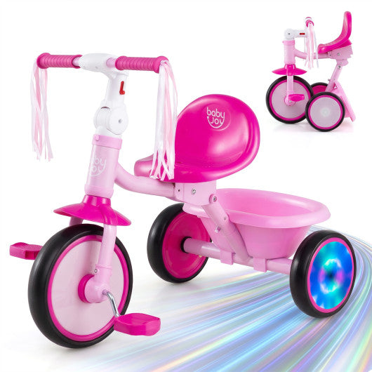 Foldable Toddler Tricycle with Lighting Wheels and Basket for 2-5 Year Old-Pink