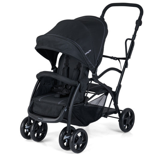 Foldable Twin Tandem Stroller Sit and Stand Double Stroller with Adjustable Handle Bar-Black