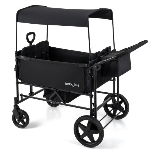 Foldable Wagon Stroller for 4 Kids with Removable Canopy and Adjustable Push-Black