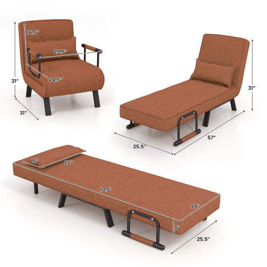 Folding 6 Position Convertible Sleeper Bed Armchair Lounge Couch with Pillow-Brown