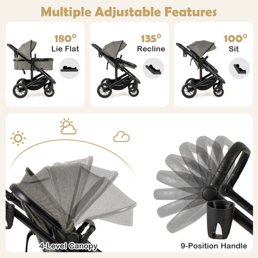3-in-1 Folding Convertible Newborn Stroller with Detachable Bassinet-Gray