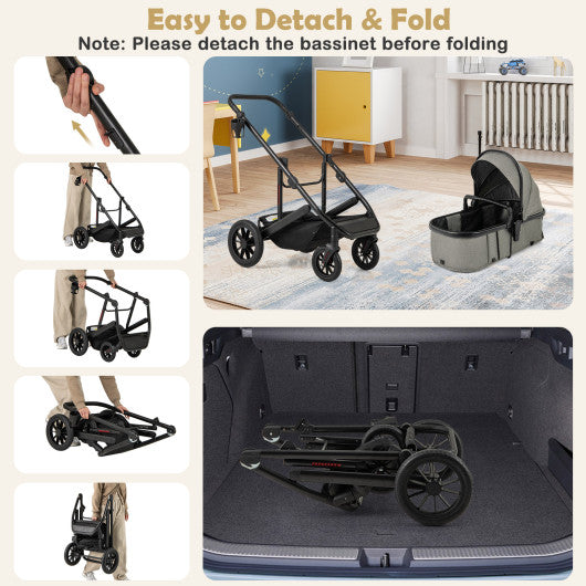 3-in-1 Folding Convertible Newborn Stroller with Detachable Bassinet-Gray