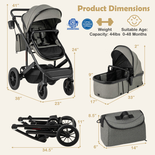 3-in-1 Folding Convertible Newborn Stroller with Detachable Bassinet-Gray