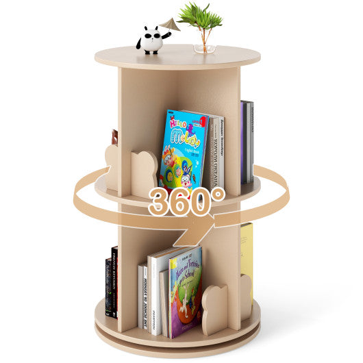 2 Tier Freestanding Kids Rotating Bookshelf Storage Rack with Bear Baffles-Natural
