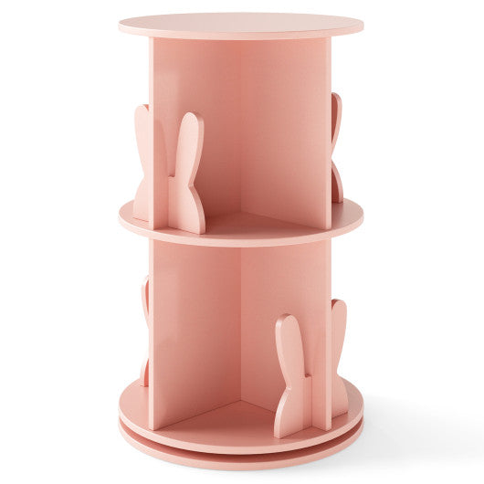 2 Tier Freestanding Kids Rotating Bookshelf Storage Rack with Bunny Baffles-Pink