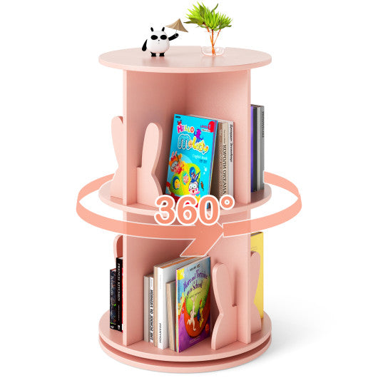 2 Tier Freestanding Kids Rotating Bookshelf Storage Rack with Bunny Baffles-Pink