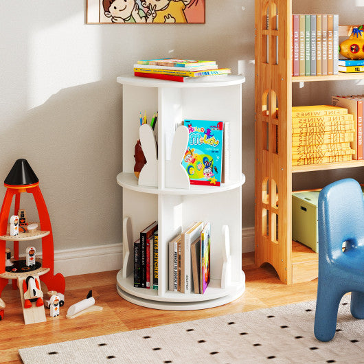 2 Tier Freestanding Kids Rotating Bookshelf Storage Rack with Bunny Baffles-White