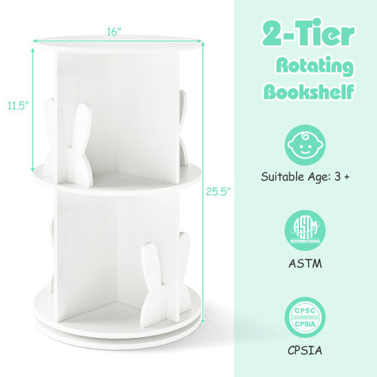 2 Tier Freestanding Kids Rotating Bookshelf Storage Rack with Bunny Baffles-White