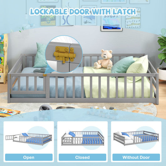 Full Size Floor Bed with Full Length Safety Guardrails-Gray